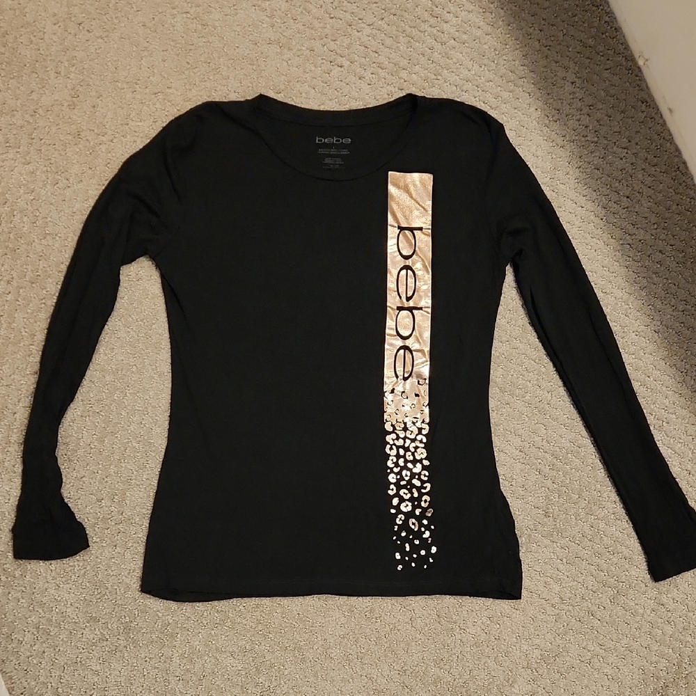 Bebe Black Long Sleeve Top with Gold  FOIL Accents. Size L